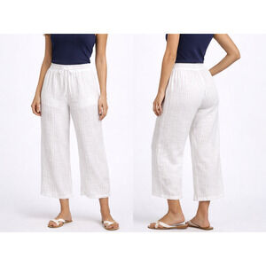JM Collection White Gauze Pants M Wide Leg Cropped Elastic Waist Beach Resort